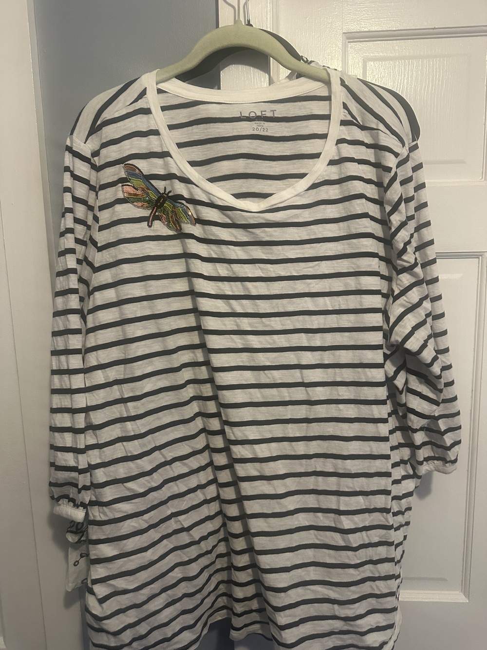 LOFT Striped Long Sleeve Top with Colorful Dragonfly Patch 20/22W